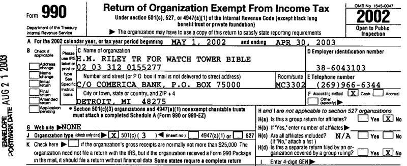 JW Form 990 Year 2002 Page 1